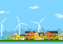 green eco city with privat houses, panel houses, wind turbines and solar panels, flat style concept for renewable energy and eco technologies