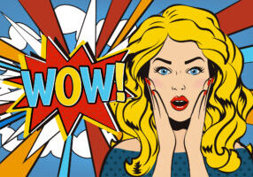 Wow woman. Wow bubble pop art comic sexy shocked surprised woman face with open mouth says WOW!