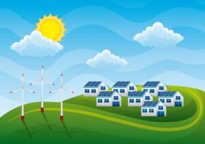 energy clean - group of houses with panel solar and wind turbines landscape sun clouds vector illustartion