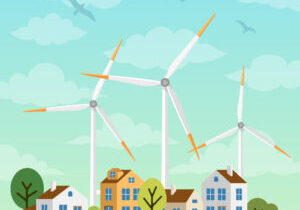 Landscape with small houses and windmills on a background of sky and clowds. Wind generator turbines produce eco renewable energy in nature. Alternative sources of energy.