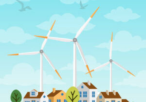 Landscape with small houses and windmills on a background of sky and clowds. Wind generator turbines produce eco renewable energy in nature. Alternative sources of energy.