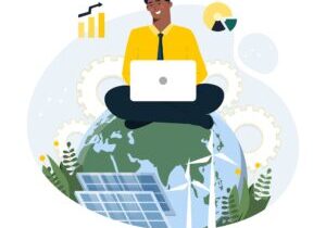 Green economy concept. Man with laptop looking for ways to develop company and production without harm to environment. Responsible business, reducing emissions. Cartoon flat vector illustration
